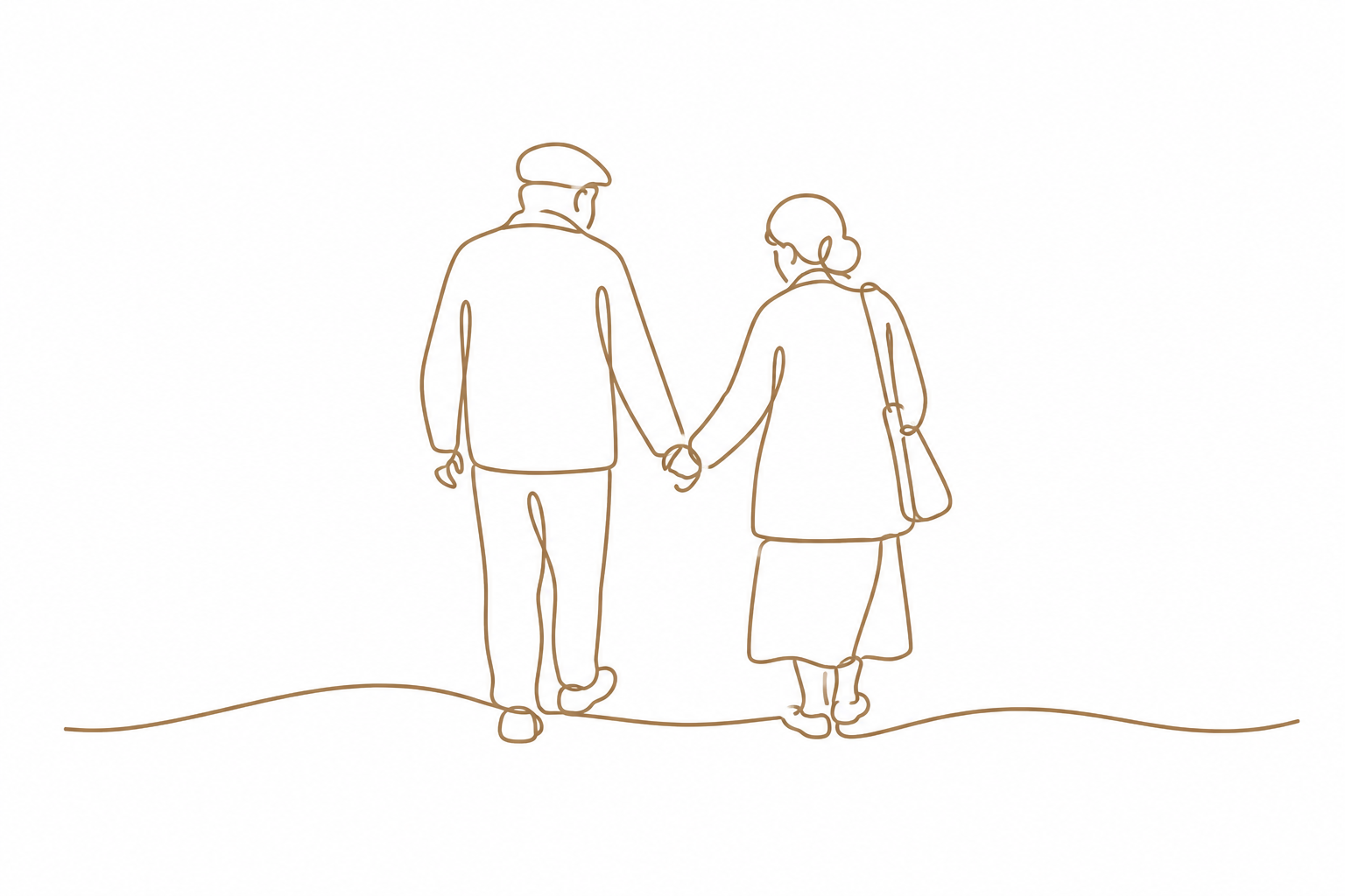 手をつないで歩く老夫婦の線画イラスト